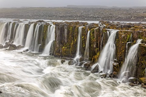 Waterfall at a river, cascades, spray, rapids, summer, foggy, Selfoss, North Iceland, Iceland,