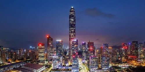 Shenzhen skyline with skyscrapers city centre downtown panorama at night in Shenzhen, China, Asia