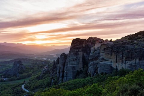 Sandstone formations at sunset, backlight, Meteora, Thessaly, Greece, Europe