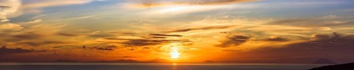 Panorama of Sunset over Aeolian Islands and Stromboli Volcano from Nicotera, Aeolus, Sicily,