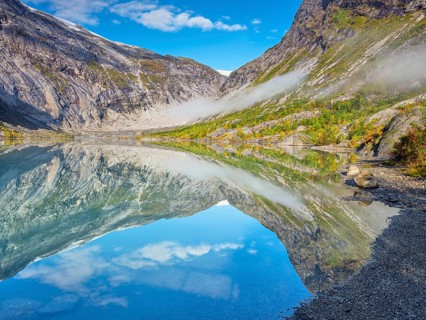Morning light at Nigardsbrevatnet, lake at the glacier tongue Nigardsbreen, Jostedalsbreen, autumn,