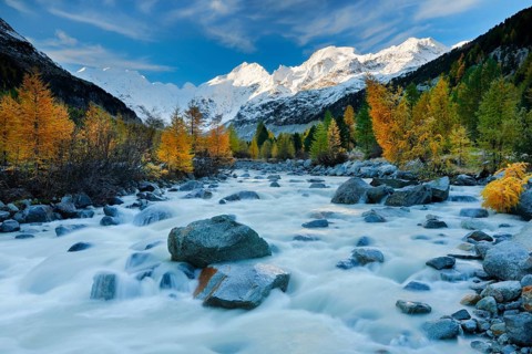 Morteratsch Valley with Piz Palue, Piz Bernina, Piz Morteratsch and the course of the river Ova da
