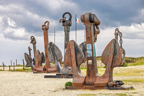 Anchors from old French navy ship from world war II at a memorial site on the french coast,