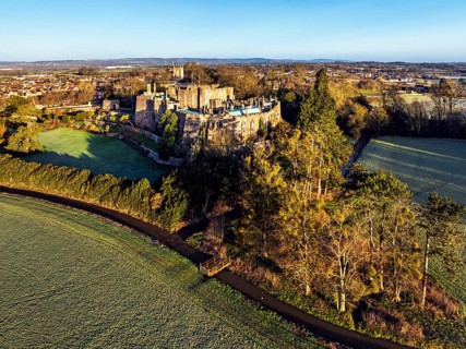 Berkeley Castle from a drone, Berkeley, Cotswolds, Gloucestershire, England, United Kingdom, Europe