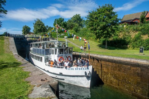 The excursion ship Kung Sverker in a lock on Göta Canal at Borenshult. Göta Canal was built between