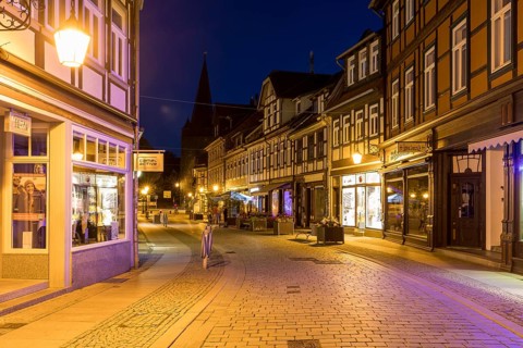 Half-timbered houses in the Westernstraße, in the background the Westerntorturm, shopping street at