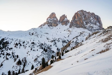 Beautiful landscape of the Mountain silhouettes of the Sexten Dolomites on a sunny winter day,