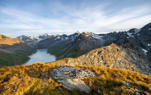 Picturesque mountain landscape at the summit Mont de la Blana at sunset, view of blue mountain
