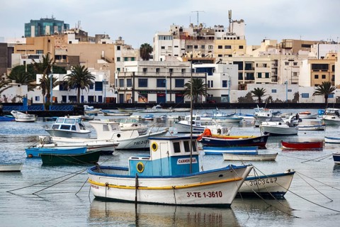 Fishing boats in Charco de San Ginés harbour, lagoon in La Puntilla district, Arrecife, Lanzarote,