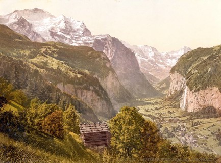 Lauterbrunnen Valley and Jungfrau, Bernese Oberland, Switzerland, Historic, digitally restored