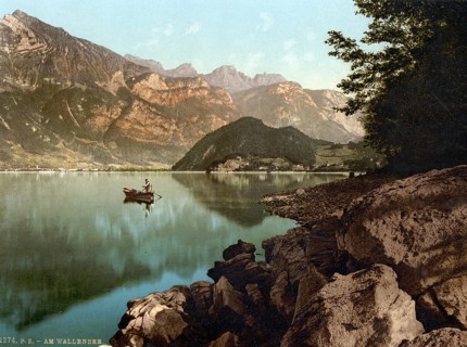 Wallenstadt Lake, and view of the town, St. Gall, Switzerland, Historic, digitally restored