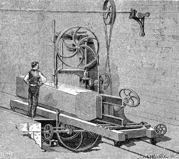 Sawmill, woodworking, band saw from 1880, historical, digital reproduction of an original from the