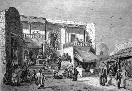 Coffee house in Arabia in 1870, Historical, digital reproduction of an original from the 19th
