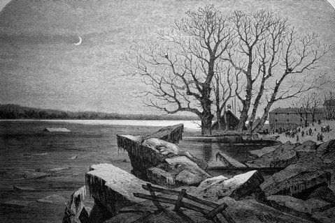The flooding of the Vistula, here near Thorn, 1885, Poland, Historical, digital reproduction of an