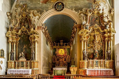 Interior of the monastery church of the Annunciation with main altar and side altars, Baroque,