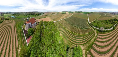 Panoramic aerial view of church 'Maria im Weingarten' near Volkach, Bavaria, franconia, Germany,