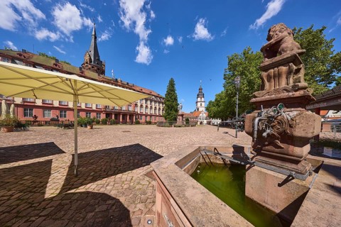 Market fountain, fountain, outdoor area of a restaurant with parasol, church tower, Erbach town