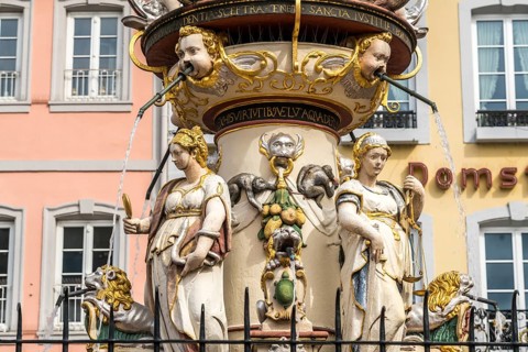St Peter's Fountain on the main market square in Trier, Rhineland-Palatinate, Germany, Europe