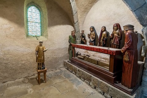 Life-size polychrome wooden entombment at Eglise Saint-Roch in Aubazat, Haute-Loire, Haut Allier,