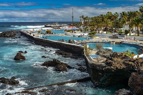 Costa Martiánez swimming pool on the coast of Puerto de la Cruz, Tenerife, Canary Islands, Spain,