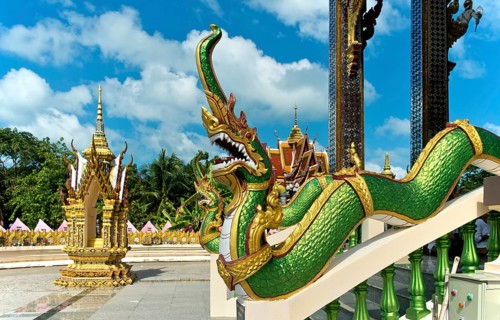 Mythological Naga snake on a banister, Buddhist temple Wat Plai Laem, Koh Samui, Thailand, Asia