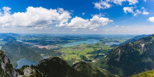 Panorama from the Säuling, 2047m, on Füssen, Hopfensee, Forggensee and Bannwaldsee, Ostallgäu,