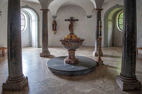 Baptistery, parish church, baroque basilica St. Mang, interior view, Füssen, Ostallgäu, Allgäu,