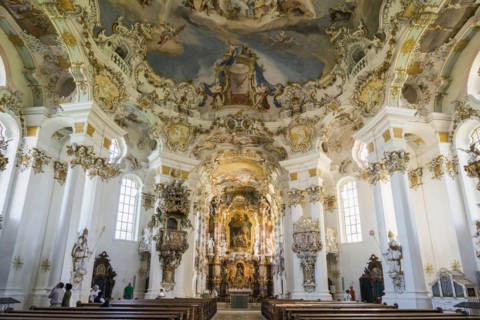 Interior view, pilgrimage church of St Coloman, Schwangau, Füssen, Ostallgäu, Allgäu, Swabia,