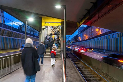 Underground station, Breslauer Straße U18, in the middle of the A40 motorway, Essen city centre,