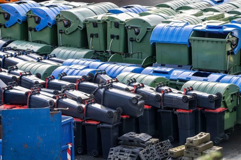 Hagener Entsorgunsbetriebe depot, various waste bins, containers, North Rhine-Westphalia, Germany,
