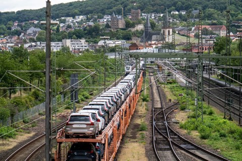 Upper Middle Rhine Valley, goods train, car transporter at Bingen station, waiting for permission