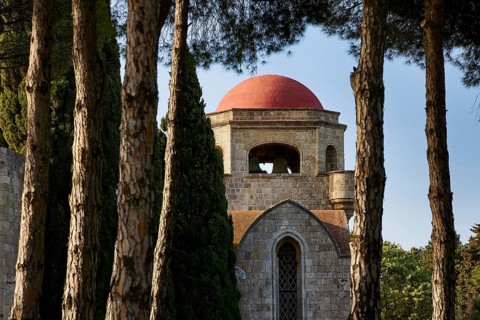 St John's Church, Monastery of Our Lady of Mount Filerimos, Historic building with red dome,
