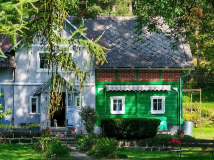 Old half-timbered houses, villages and green countryside, Marenice, Lusatian Mountains, Bohemia,