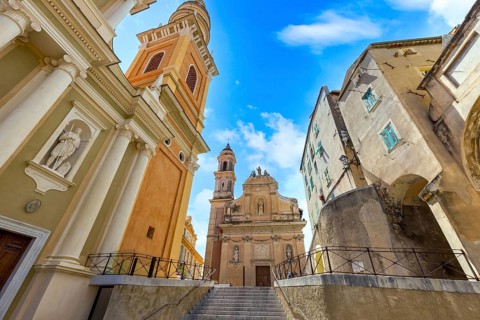 France, French Riviera, Menton Basilica Michael Archangel and old city streets in historic center,