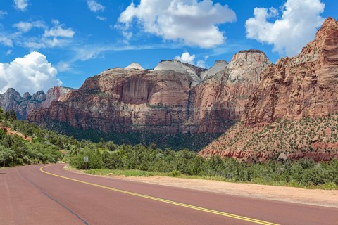 Streaked Wall formation and other rugged mountains with various geology in Zion National Park, Utah