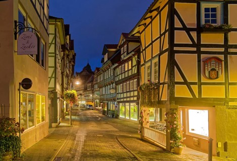 The Lange Straße in the old town centre of Hannoversch Münden with historic half-timbered houses in