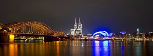 Hohenzollern Bridge with Cathedral and Musical Dome, Rhine embankment, Cologne, Rhineland, North