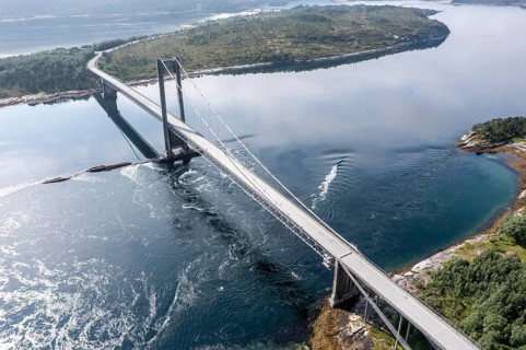 Aerial view of suspension bridge over fjord Efjord, road E6, northern Norway