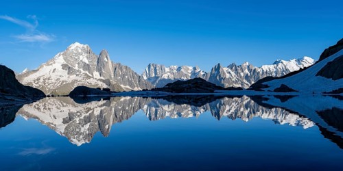 Mountain landscape in the evening light, water reflection in Lac Blanc, mountain peak, Aiguille