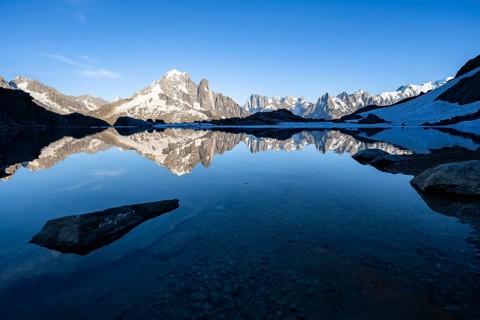 Mountain landscape in the evening light, water reflection in Lac Blanc, mountain peak, Aiguille