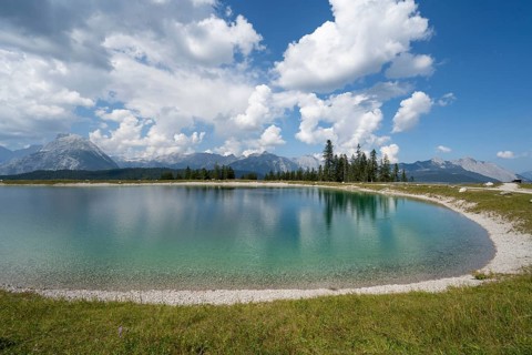Reservoir at Gschwandtkopf, Karwendel Mountains, behind Wetterstein range, Alps, Seefeld, Tyrol,