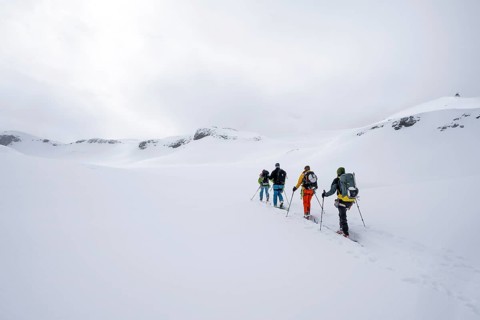 Group of ski tourers, Snowy mountain landscape, Bernese Alps, Bernese Oberland, Switzerland, Europe