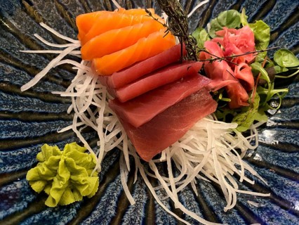 Mixed sashimi sushi platter, raw fish, salmon, tuna, ginger, wasabi, Stuttgart, Baden-Württemberg,