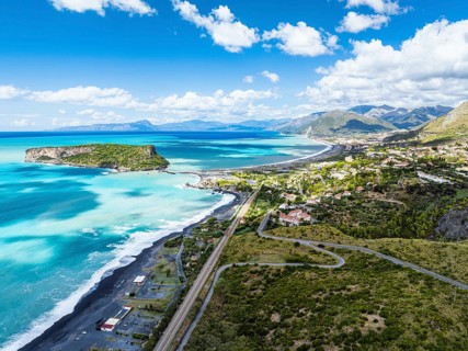 Praia a Mare from a drone, Tyrrhenian Sea, Cosenza, Calabria, Italy, Europe
