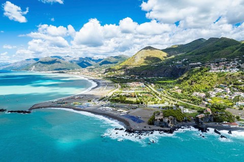 Praia a Mare from a drone, Tyrrhenian Sea, Cosenza, Calabria, Italy, Europe