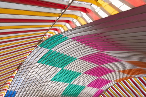 Liège-Guillemins railway station, architect Santiago Calatrava, colourful roof, curved, pink,