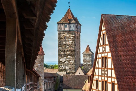 Walkway of the town wall with watchtowers in the historic old town, Rothenburg ob der Tauber,