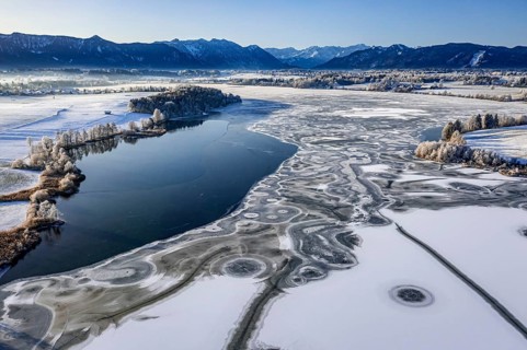 Aerial view of ice formations on a frozen lake, winter, Riegsee, Alpine foothills, Upper Bavaria,