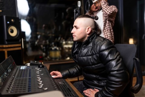 Sound engineer mixing a pop, rap or trap song using a digital audio workstation and soundboard in a