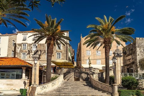 Historic staircase in the old town centre of Korcula, Croatia, Europe